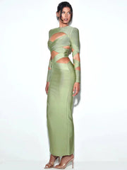 Socialite Low Cut Bandage CrissCross Cropped Outfit Hollow Out Cutout Long Slim Dress