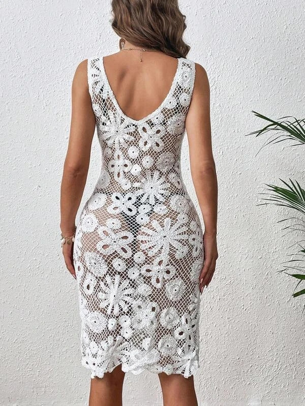 Super Slim Deep V-neck Cutout Crochet Dress