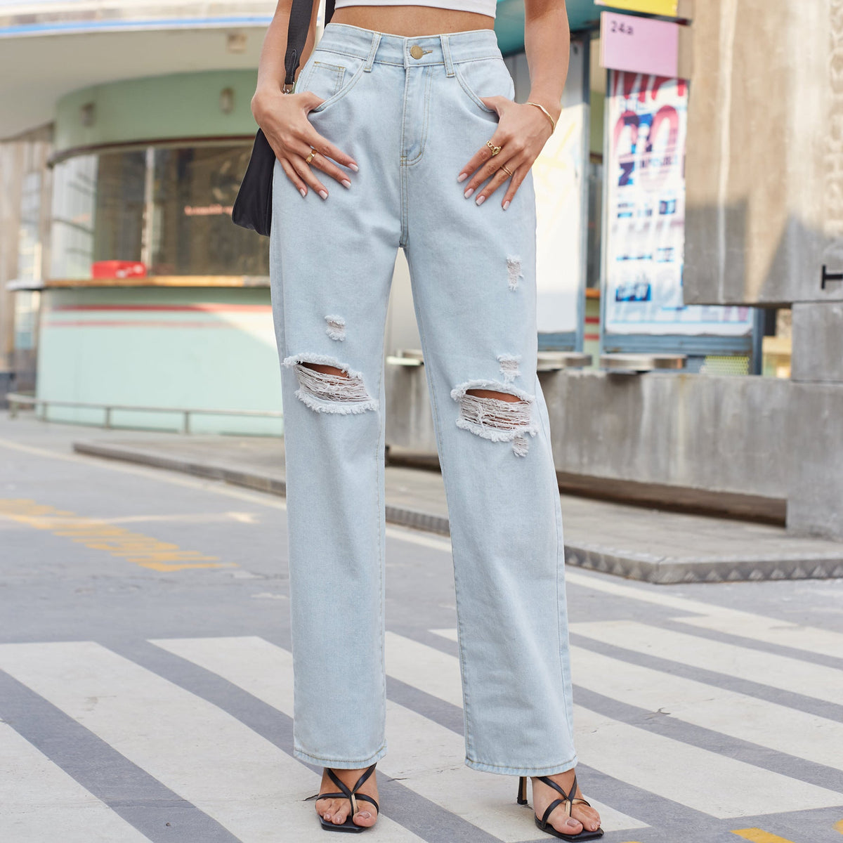 Trade Washed Light Retro Casual Ripped Denim Trousers