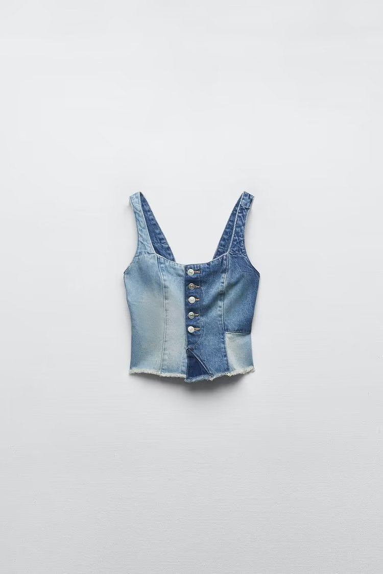 Jean droit taille haute en denim patchwork