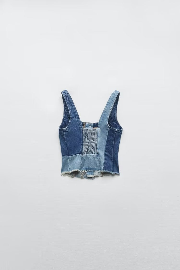 Jean droit taille haute en denim patchwork