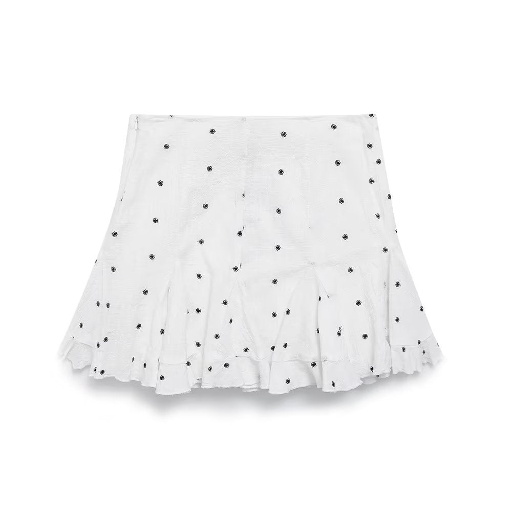 Contrast Color Embroidery Decorative High Waist Mini Skirt