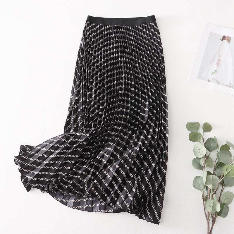 Mesh Skirt Pleated Skirt Large Swing Skirt Drape Printed Mid Length A line Skirt