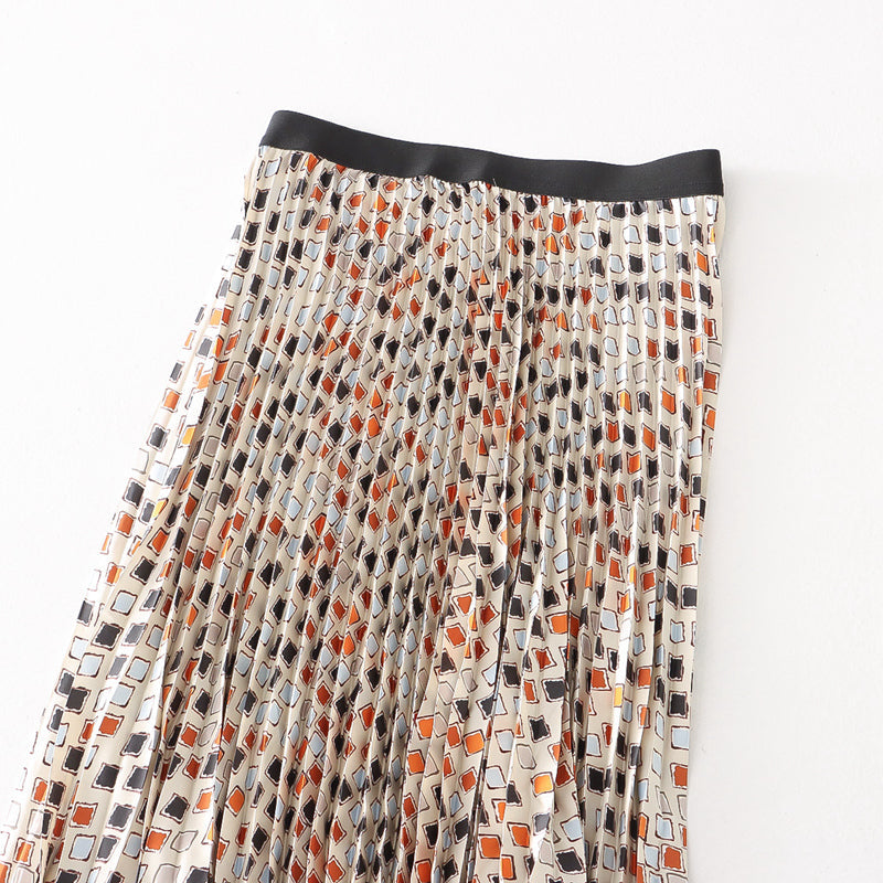 Mesh Skirt Pleated Skirt Large Swing Skirt Drape Printed Mid Length A line Skirt