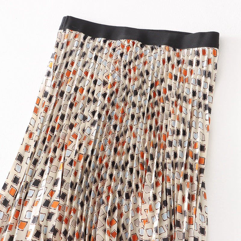 Mesh Skirt Pleated Skirt Large Swing Skirt Drape Printed Mid Length A line Skirt