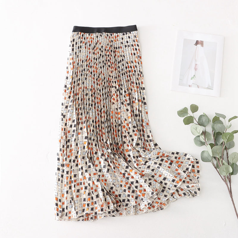 Mesh Skirt Pleated Skirt Large Swing Skirt Drape Printed Mid Length A line Skirt