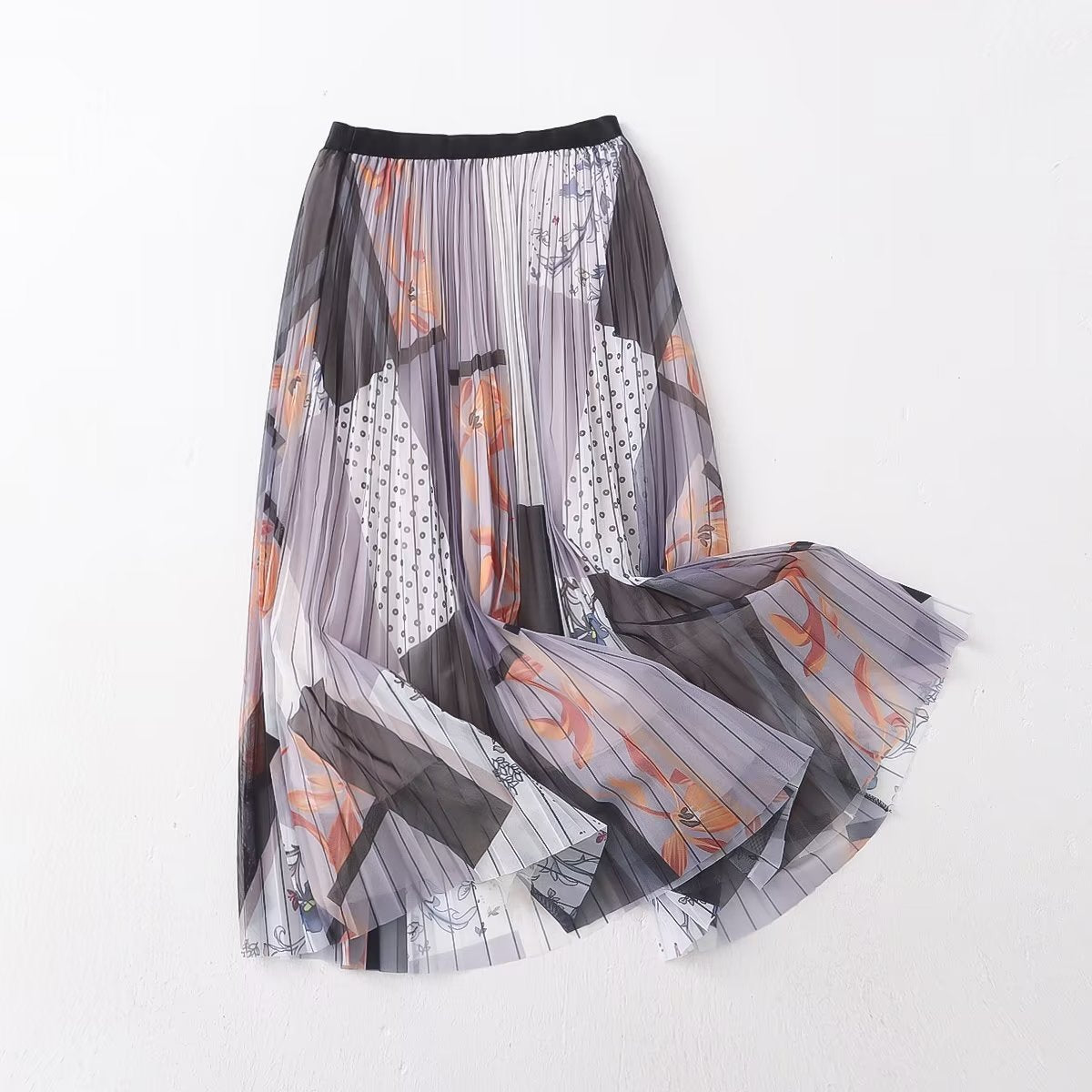 Retro Artistic Printed Skirt Mid Length Mesh