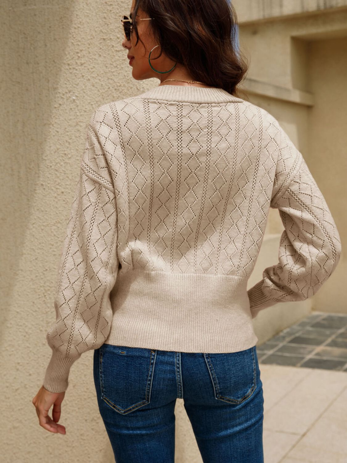 Button Front V-Neck Openwork Cardigan
