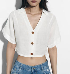 Collared Short Sleeve Linen Blended Short Shirt