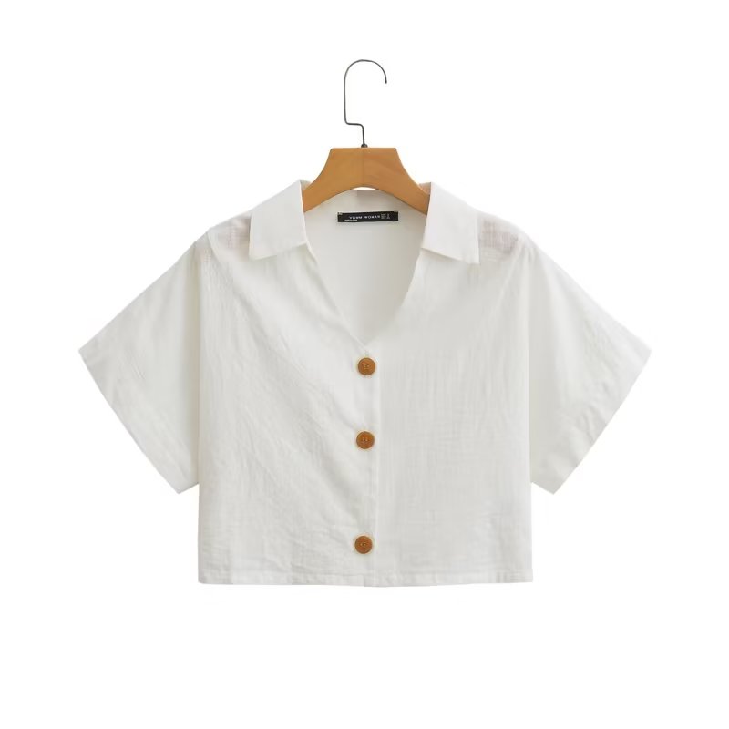 Collared Short Sleeve Linen Blended Short Shirt