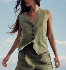 Solid Green Elegant Button Vest