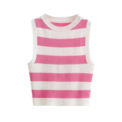 Vest Single Layer Short round Neck Large Striped Slim Slimming Sleeveless Knitted Running Fitness Top