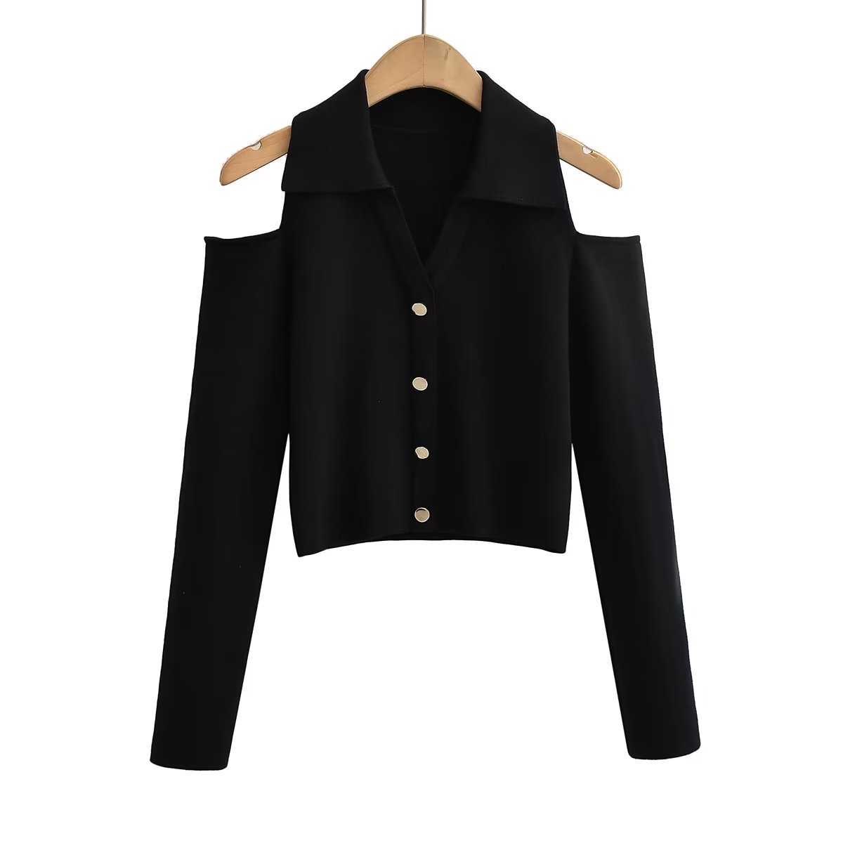 Fall Collared V neck off Shoulder Long Sleeve Single Breasted Skinny Knitted Top