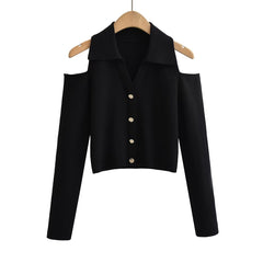 Fall Collared V neck off Shoulder Long Sleeve Single Breasted Skinny Knitted Top