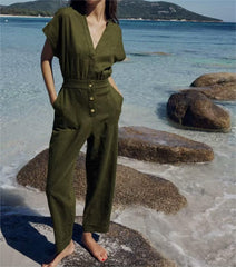 Army Green Long Jumpsuit V Neck Decorated Row Button Waist Trimming Short Sleeved Jumpsuit