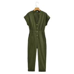 Army Green Long Jumpsuit V Neck Decorated Row Button Waist Trimming Short Sleeved Jumpsuit