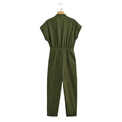 Army Green Long Jumpsuit V Neck Decorated Row Button Waist Trimming Short Sleeved Jumpsuit