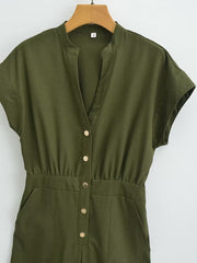 Army Green Long Jumpsuit V Neck Decorated Row Button Waist Trimming Short Sleeved Jumpsuit