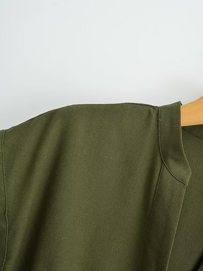 Army Green Long Jumpsuit V Neck Decorated Row Button Waist Trimming Short Sleeved Jumpsuit