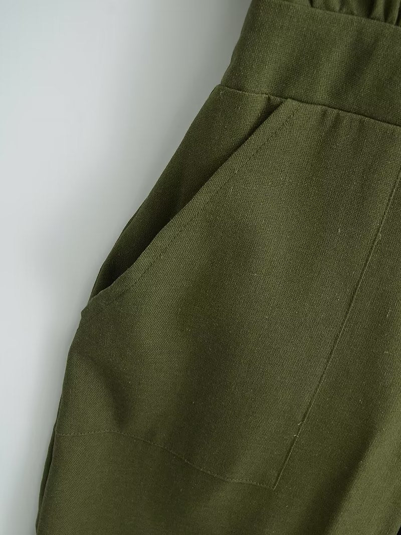 Army Green Long Jumpsuit V Neck Decorated Row Button Waist Trimming Short Sleeved Jumpsuit