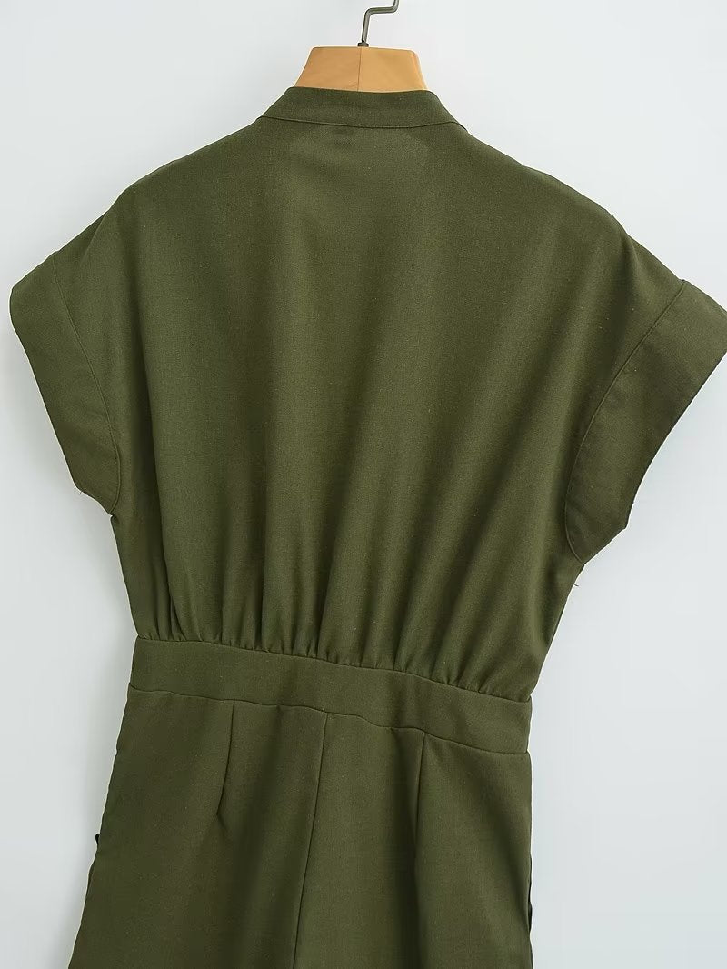 Army Green Long Jumpsuit V Neck Decorated Row Button Waist Trimming Short Sleeved Jumpsuit