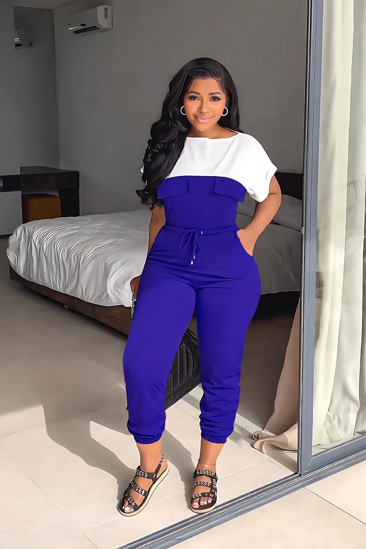 Slim Fit Taille Büro Kurzarm Farblich passende Leggings Tapered Jumpsuit