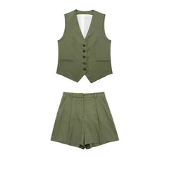 V neck Solid Color Single Breasted Vest High Waist Wide Leg Pants Shorts Suit