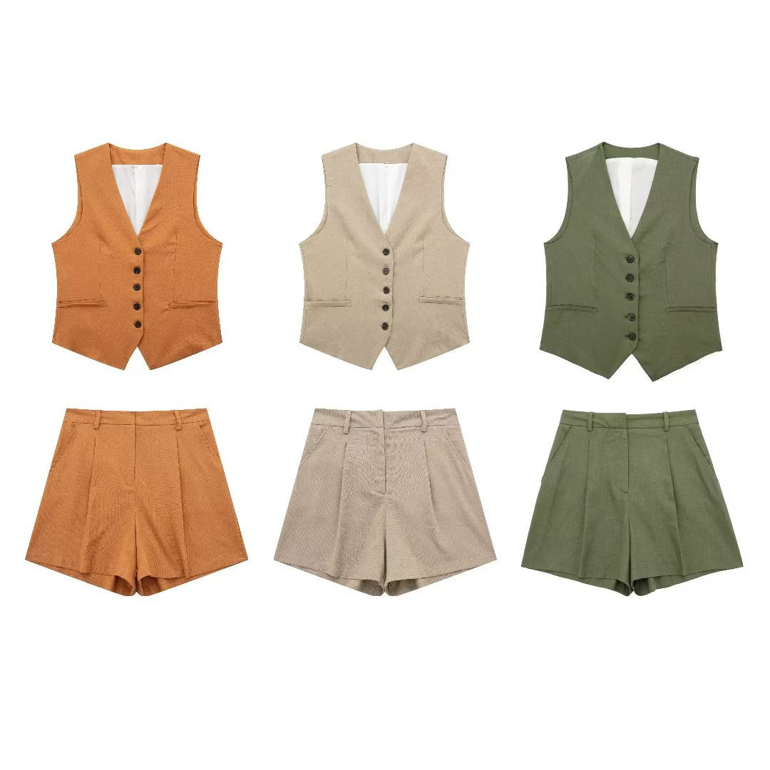 V neck Solid Color Single Breasted Vest High Waist Wide Leg Pants Shorts Suit