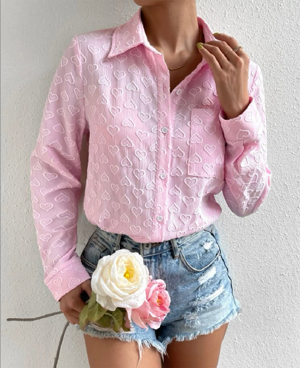Early Wear Long Sleeve Collared Shirt Heart Shaped Jacquard Cardigan Casual Top