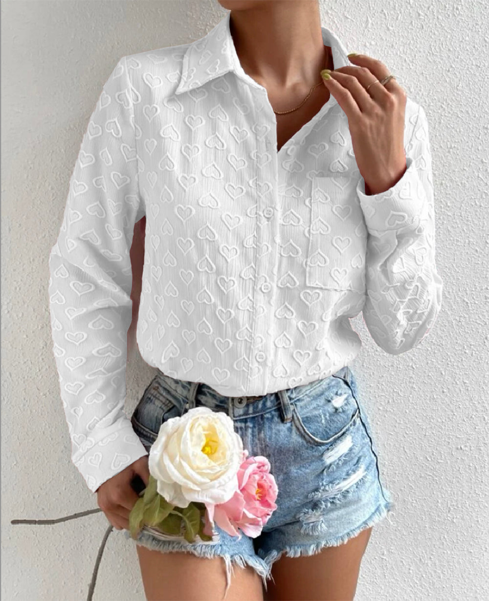Early Wear Long Sleeve Collared Shirt Heart Shaped Jacquard Cardigan Casual Top