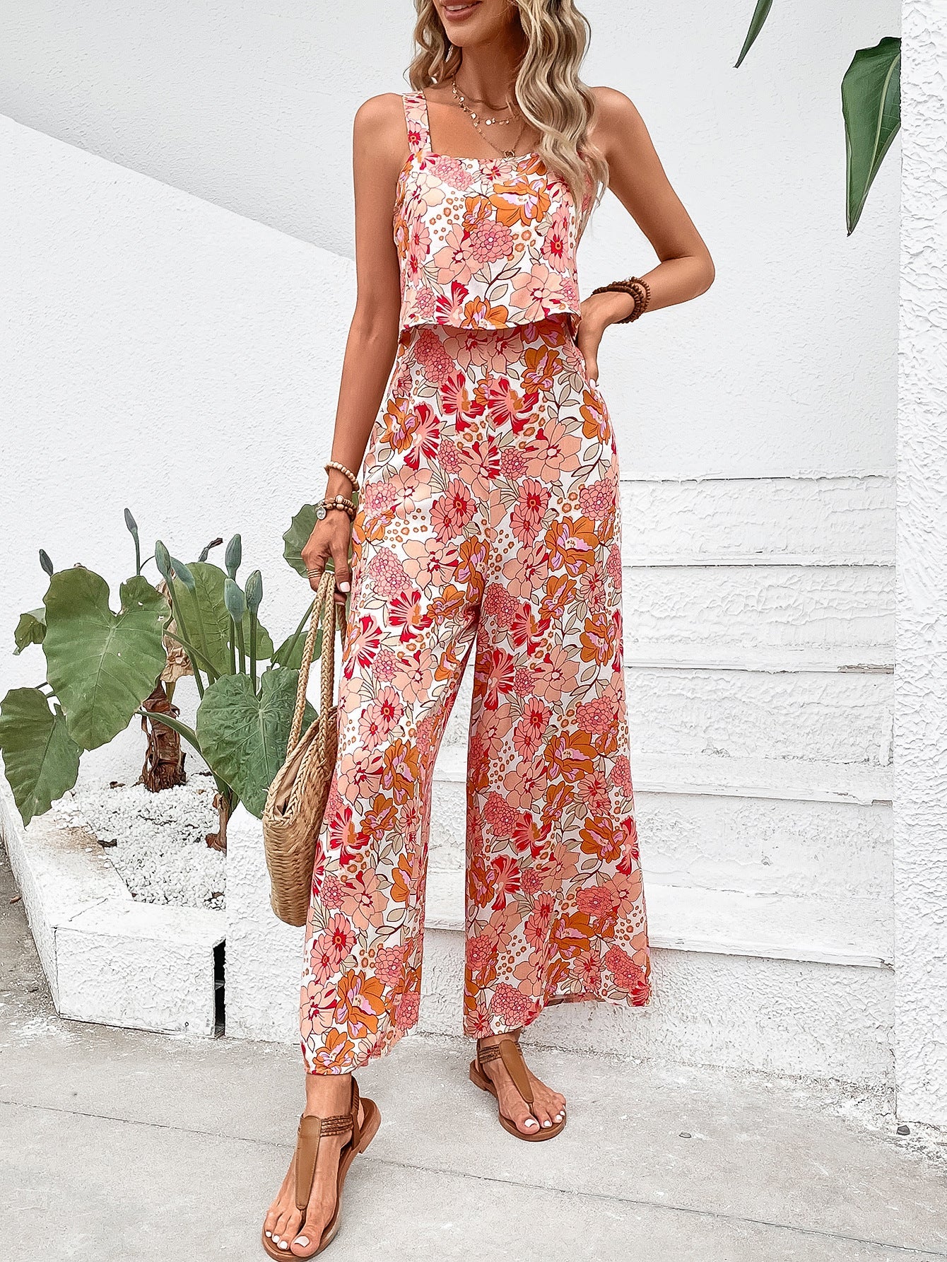 Beach Printed Square Collar Sling Vest Pants Vacation Jumpsuit