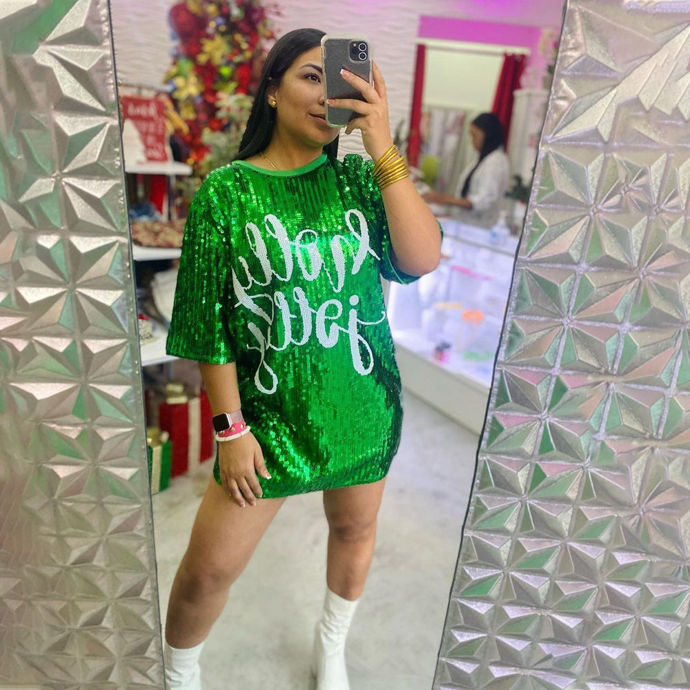 Round Neck Half Sleeved Loose Sequin Printed Dress Party Sequin Model Night Club Graphic