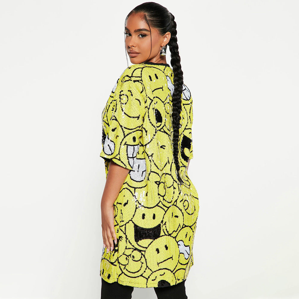 Round Neck Half Sleeved Loose Sequin Printed Dress Party Sequin Model Night Club Graphic