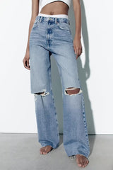 Jean droit taille haute avec décoration de trous perforés