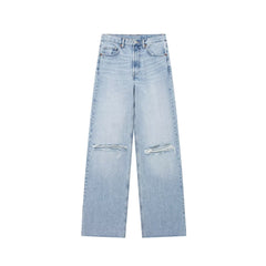 Jean droit taille haute avec décoration de trous perforés