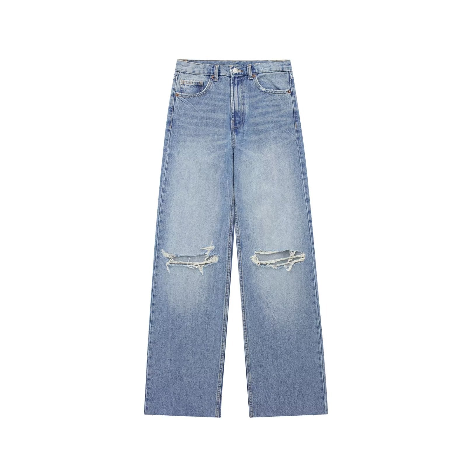 Jean droit taille haute avec décoration de trous perforés