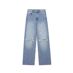 Jean droit taille haute avec décoration de trous perforés