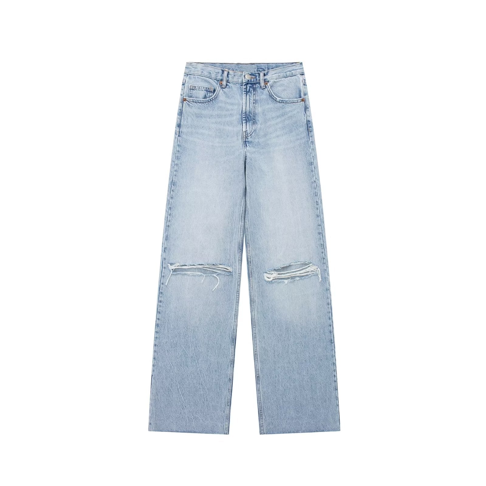 Jean droit taille haute avec décoration de trous perforés