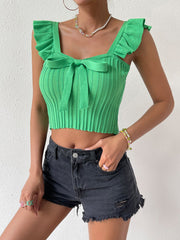 Ruffled Flying Sleeve Bow Cropped T shirt Slim Top