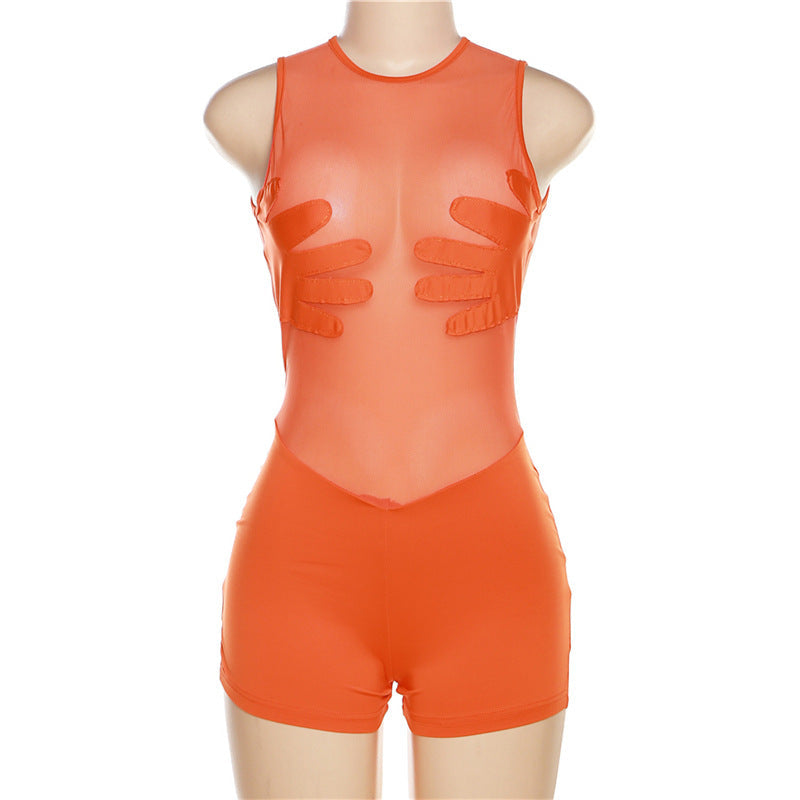 Mesh Perspective Stitching High Waist Sleeveless Tight Romper