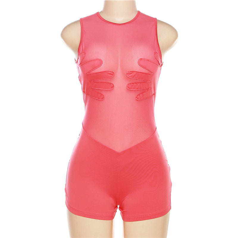 Mesh Perspective Stitching High Waist Sleeveless Tight Romper