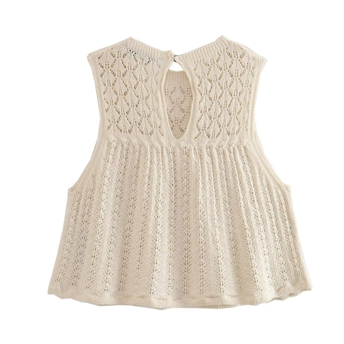 Cute Lace Hem round Neck Jacquard Mesh Hollow Out Cutout Knitted Sleeveless Pullover Set