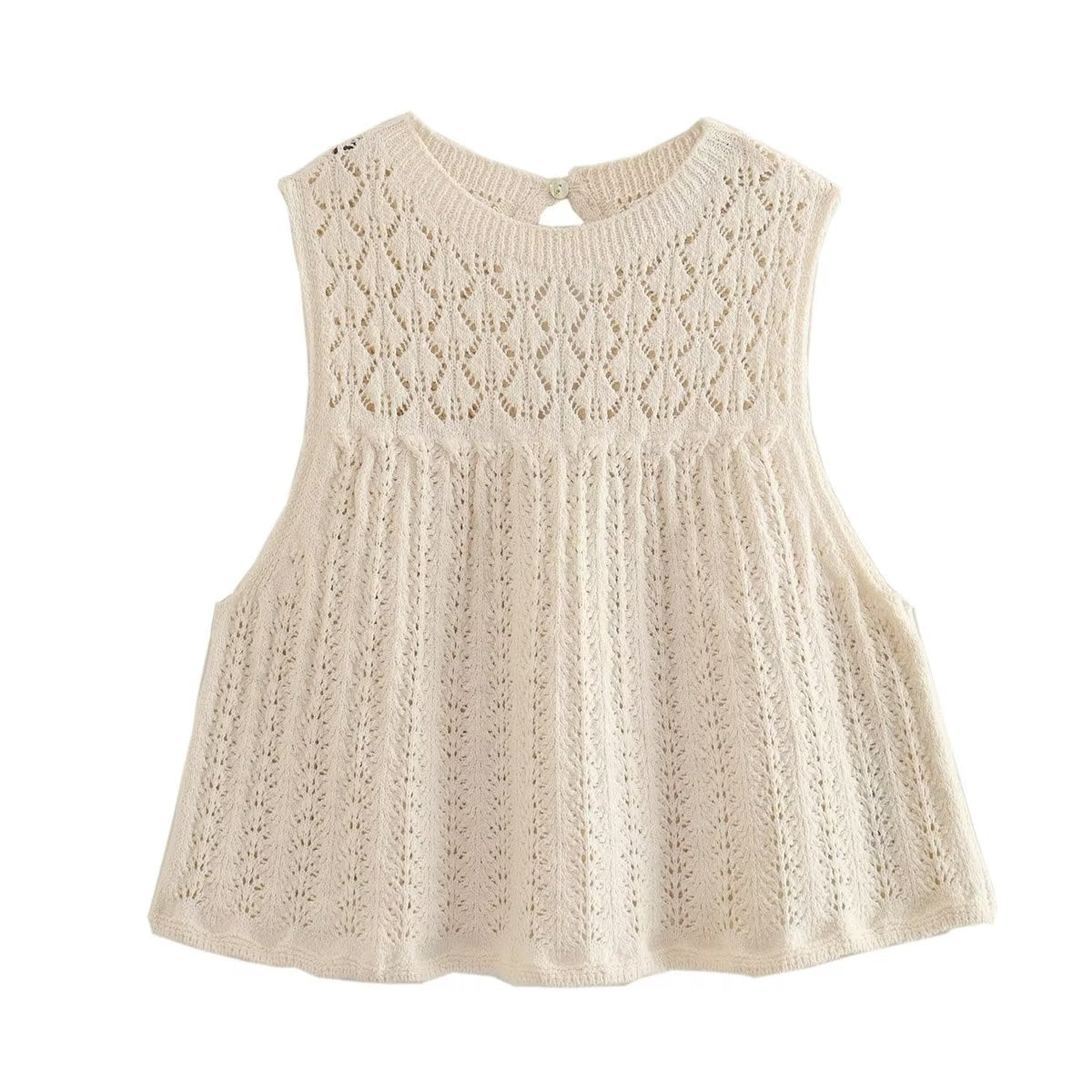 Cute Lace Hem round Neck Jacquard Mesh Hollow Out Cutout Knitted Sleeveless Pullover Set