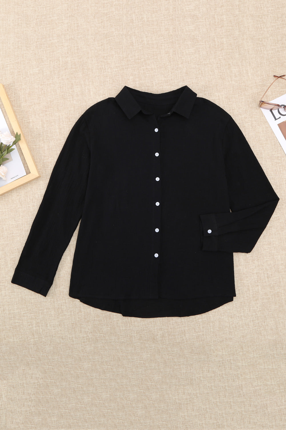 Solid Color Shirt Breasted Collared Cotton Linen Loose Cardigan Top