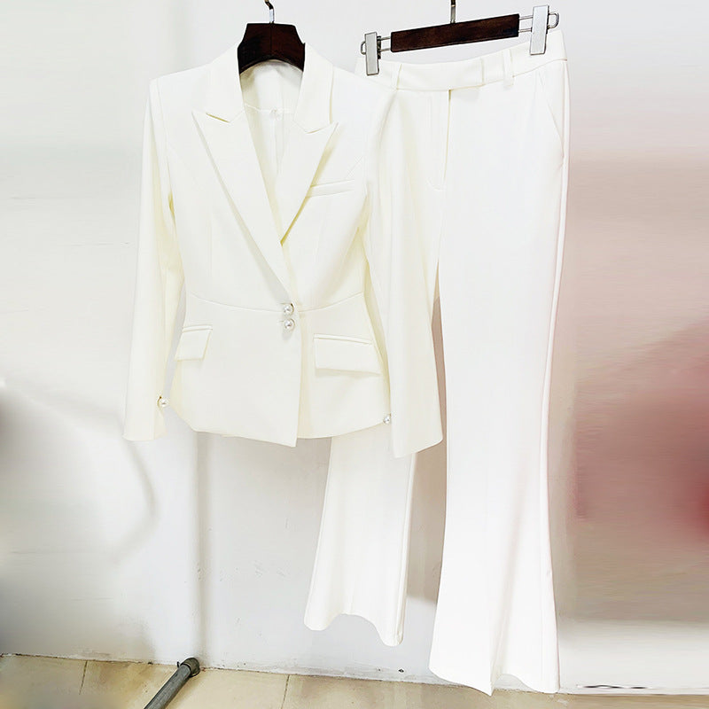 Simple Pearl Button Slim Suit Bootcut Pants Suit Two Piece Suit