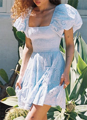 French Hollow Out Cutout Blue Elastic Wrapped Chest Bubble Sleeve Square Collar Princess Dress Puff Sleeve Dress