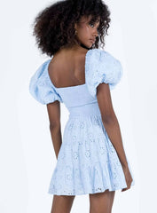 French Hollow Out Cutout Blue Elastic Wrapped Chest Bubble Sleeve Square Collar Princess Dress Puff Sleeve Dress
