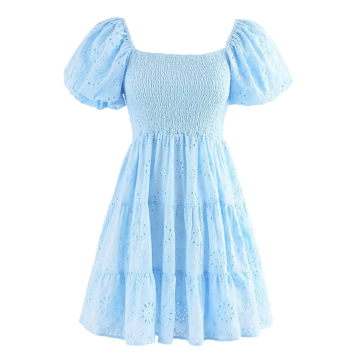 French Hollow Out Cutout Blue Elastic Wrapped Chest Bubble Sleeve Square Collar Princess Dress Puff Sleeve Dress