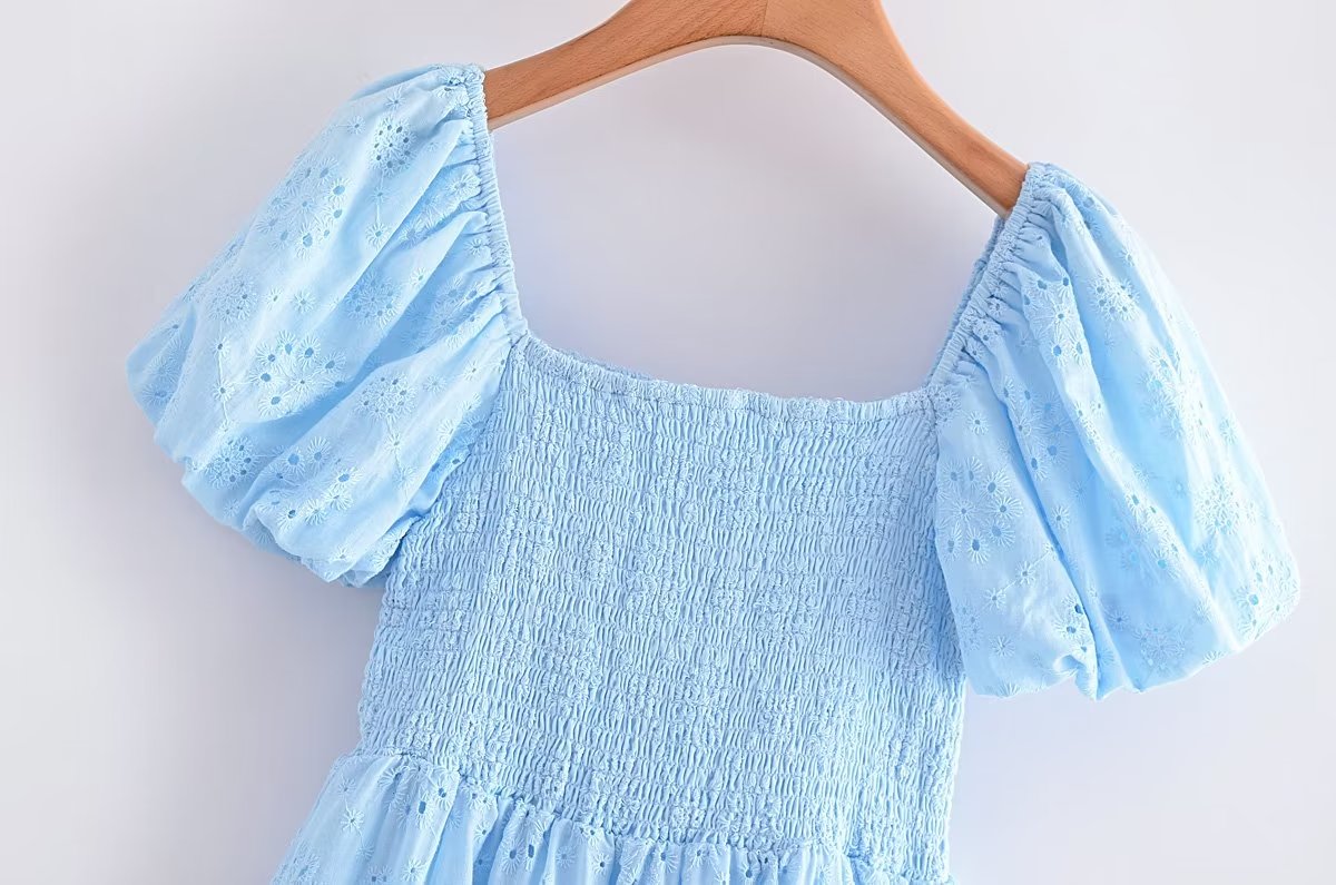 French Hollow Out Cutout Blue Elastic Wrapped Chest Bubble Sleeve Square Collar Princess Dress Puff Sleeve Dress