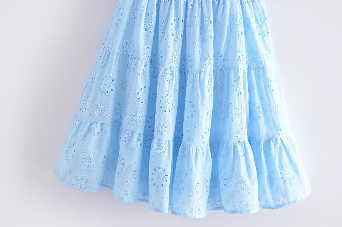 French Hollow Out Cutout Blue Elastic Wrapped Chest Bubble Sleeve Square Collar Princess Dress Puff Sleeve Dress